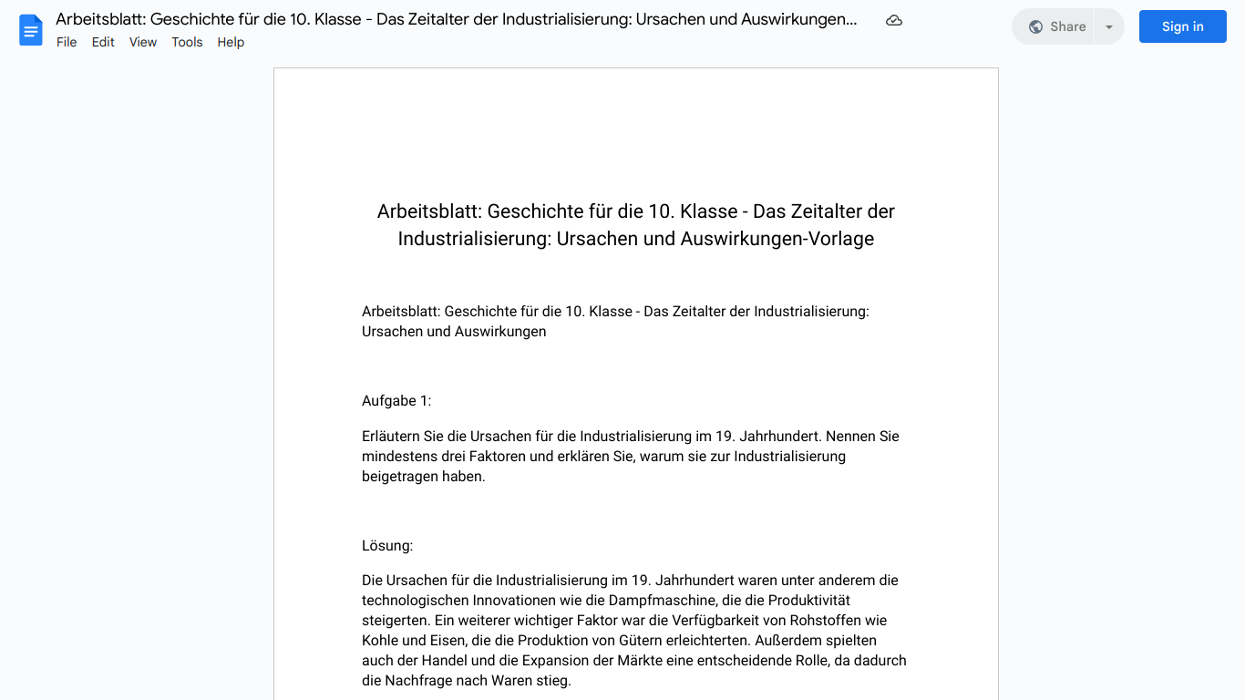 Arbeitsblatt: Geschichte für die 10. Klasse - Das Zeitalter der Industrialisierung: Ursachen und Auswirkungen-Vorlage