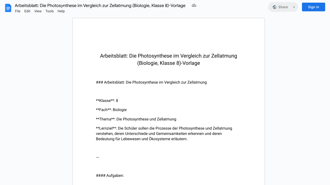 Arbeitsblatt: Die Photosynthese im Vergleich zur Zellatmung (Biologie, Klasse 8)-Vorlage