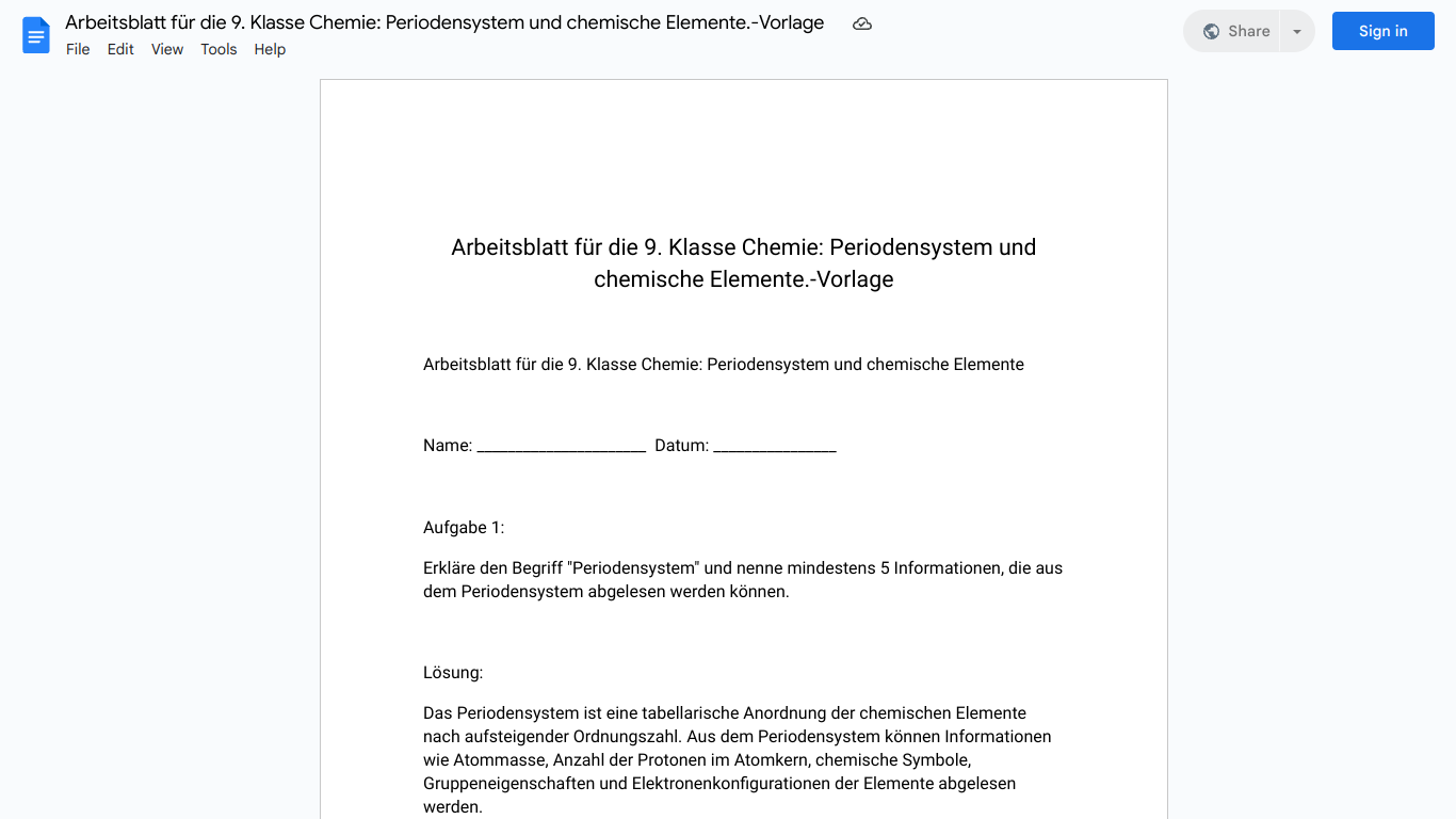 Arbeitsblatt für die 9. Klasse Chemie: Periodensystem und chemische Elemente.-Vorlage