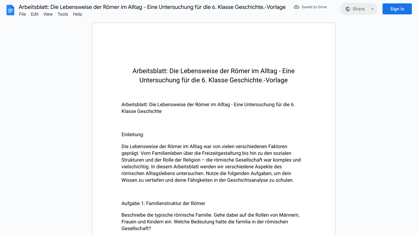 Arbeitsblatt: Die Lebensweise der Römer im Alltag - Eine Untersuchung für die 6. Klasse Geschichte.-Vorlage