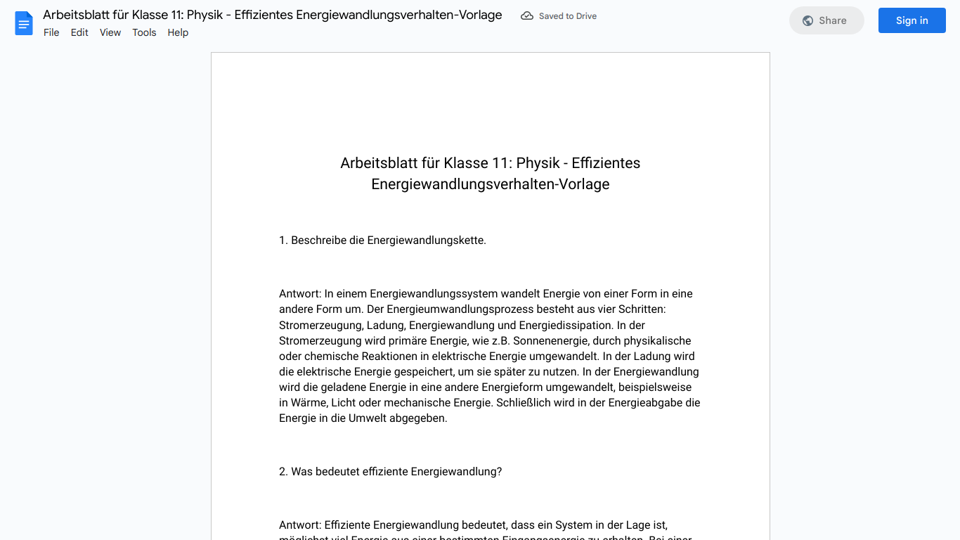 Arbeitsblatt für Klasse 11: Physik - Effizientes Energiewandlungsverhalten-Vorlage