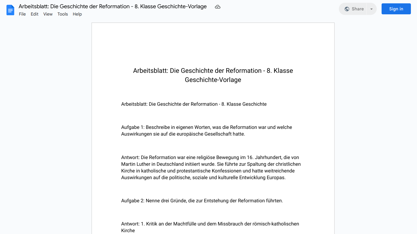 Arbeitsblatt: Die Geschichte der Reformation - 8. Klasse Geschichte-Vorlage