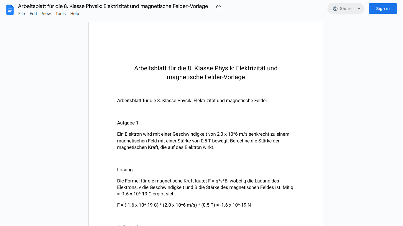 Arbeitsblatt für die 8. Klasse Physik: Elektrizität und magnetische Felder-Vorlage