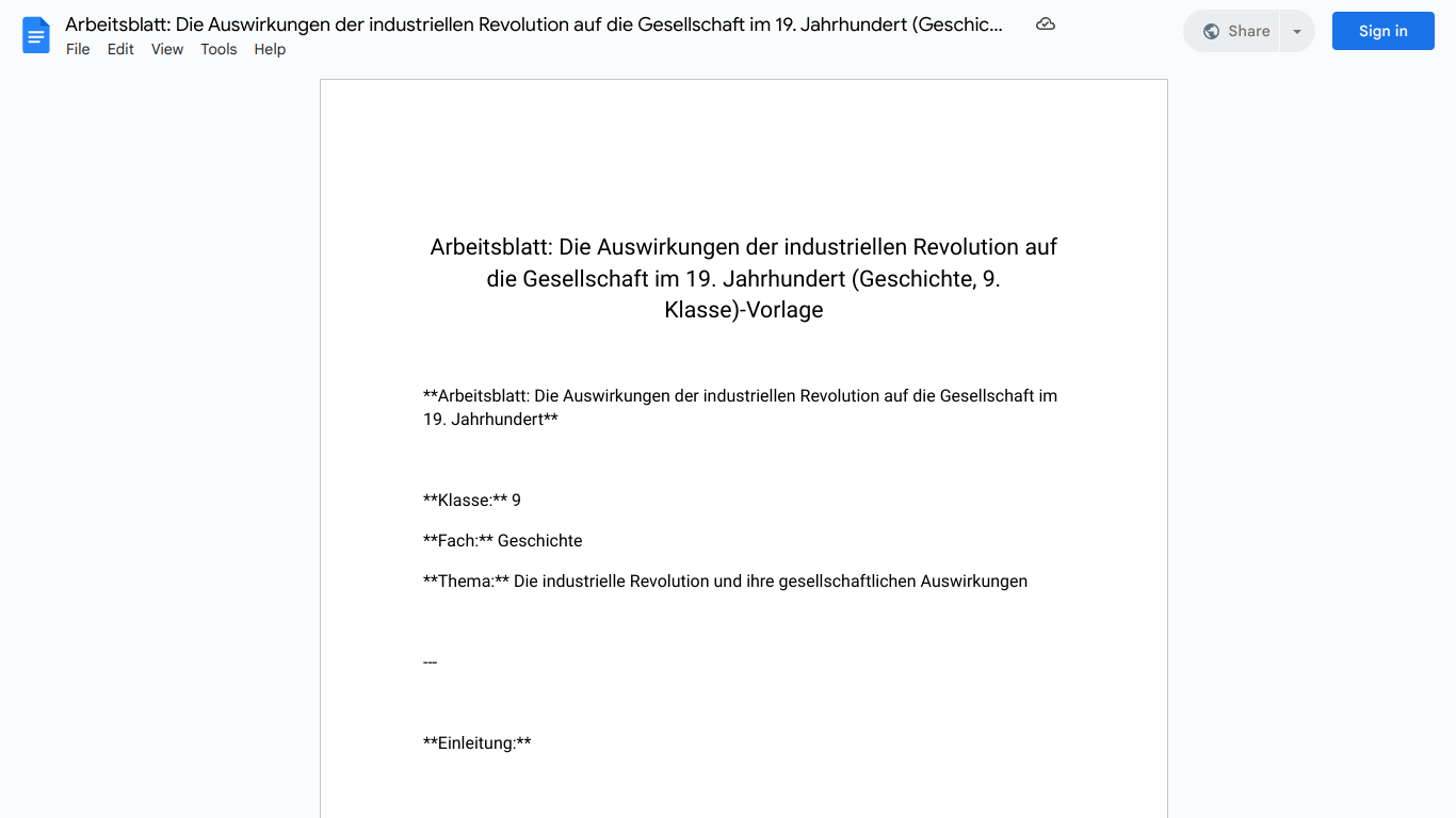 Arbeitsblatt: Die Auswirkungen der industriellen Revolution auf die Gesellschaft im 19. Jahrhundert (Geschichte, 9. Klasse)-Vorlage