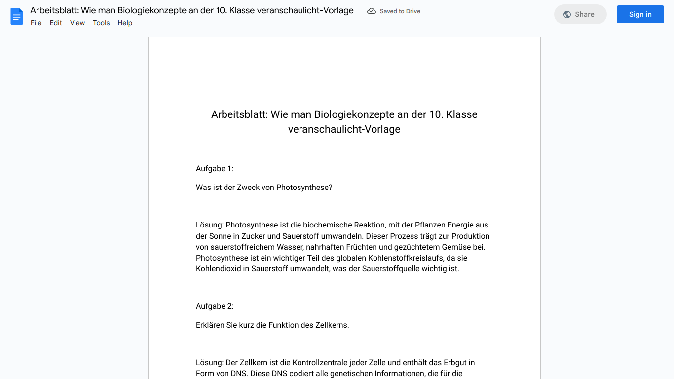 Arbeitsblatt: Wie man Biologiekonzepte an der 10. Klasse veranschaulicht-Vorlage