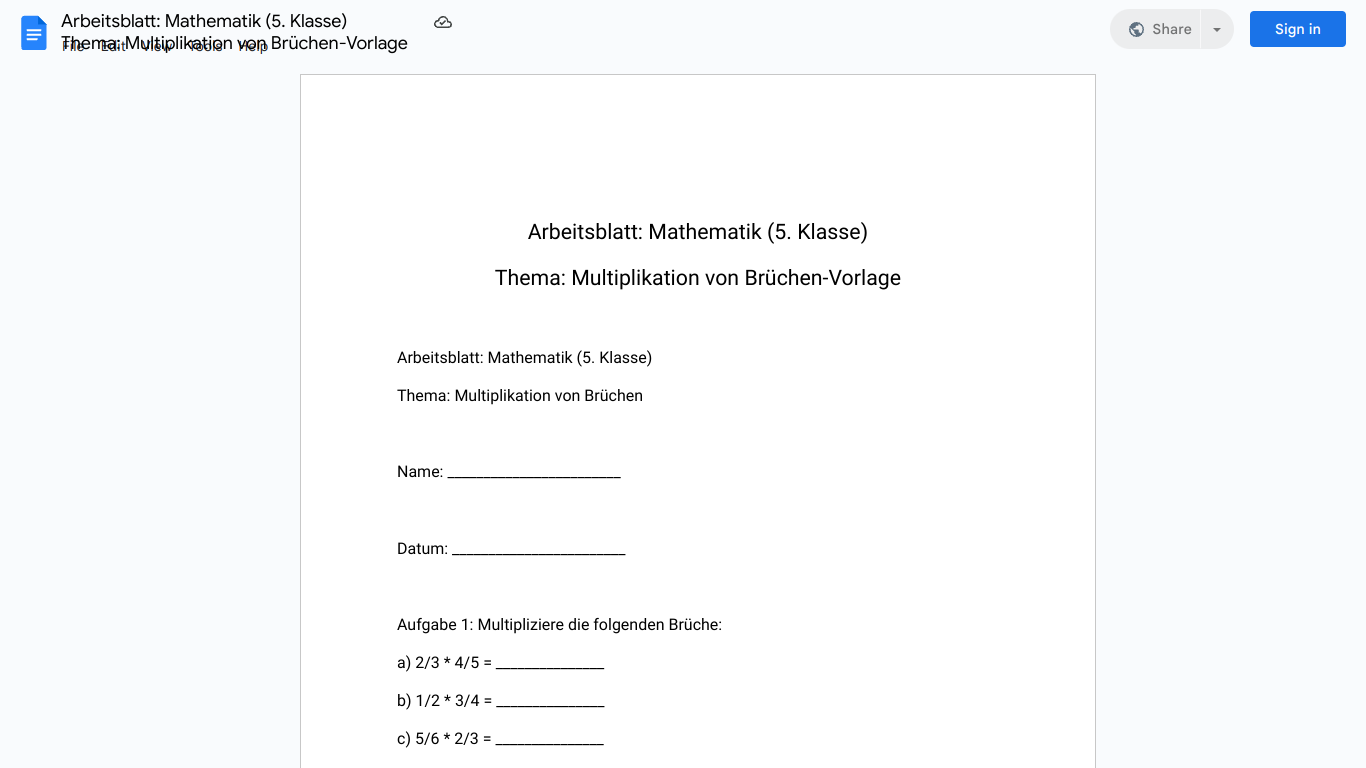 Arbeitsblatt: Mathematik (5. Klasse)
Thema: Multiplikation von Brüchen-Vorlage