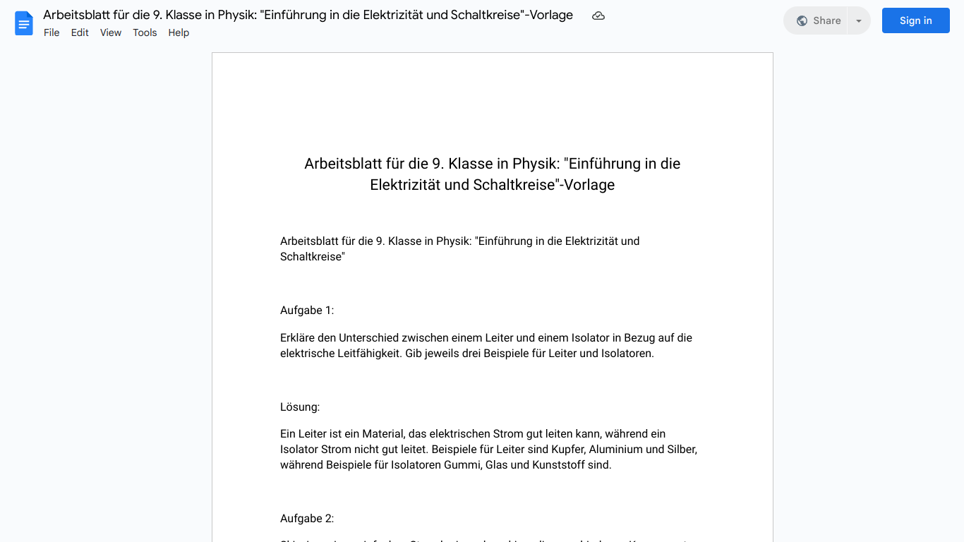 Arbeitsblatt für die 9. Klasse in Physik: "Einführung in die Elektrizität und Schaltkreise"-Vorlage