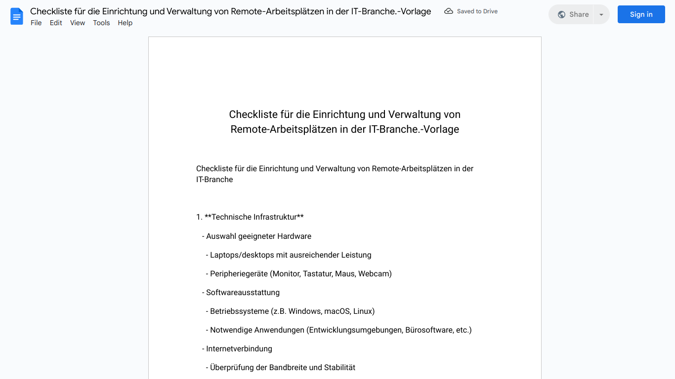 Checkliste für die Einrichtung und Verwaltung von Remote-Arbeitsplätzen in der IT-Branche.-Vorlage