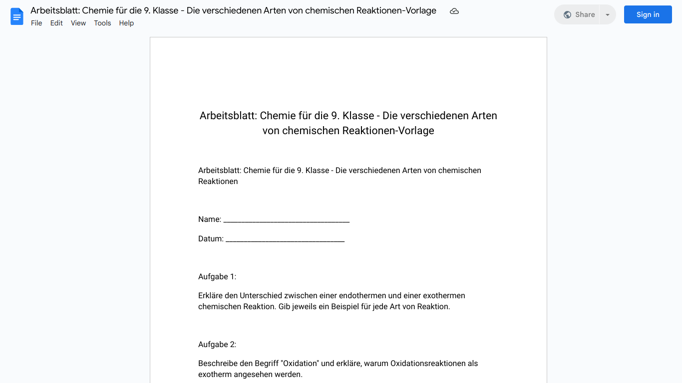 Arbeitsblatt: Chemie für die 9. Klasse - Die verschiedenen Arten von chemischen Reaktionen-Vorlage