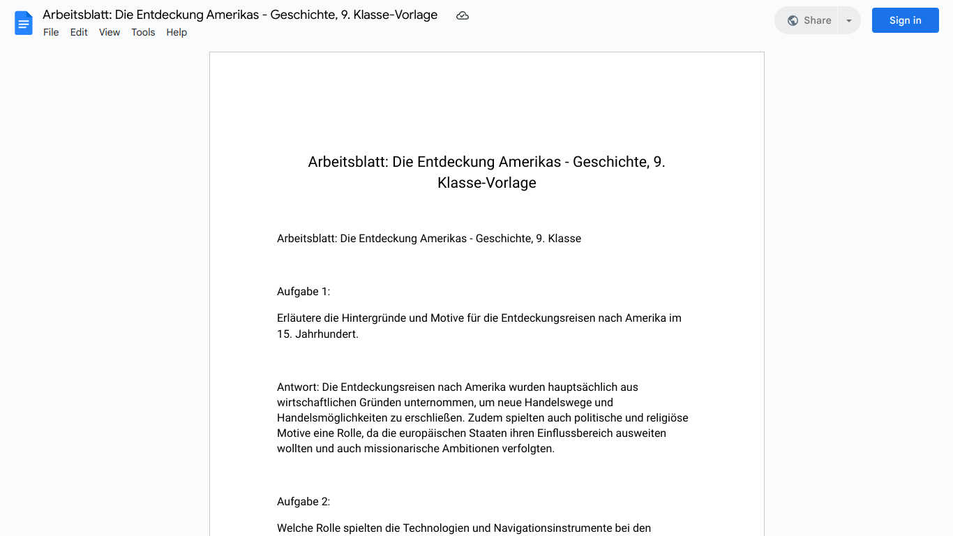 Arbeitsblatt: Die Entdeckung Amerikas - Geschichte, 9. Klasse-Vorlage