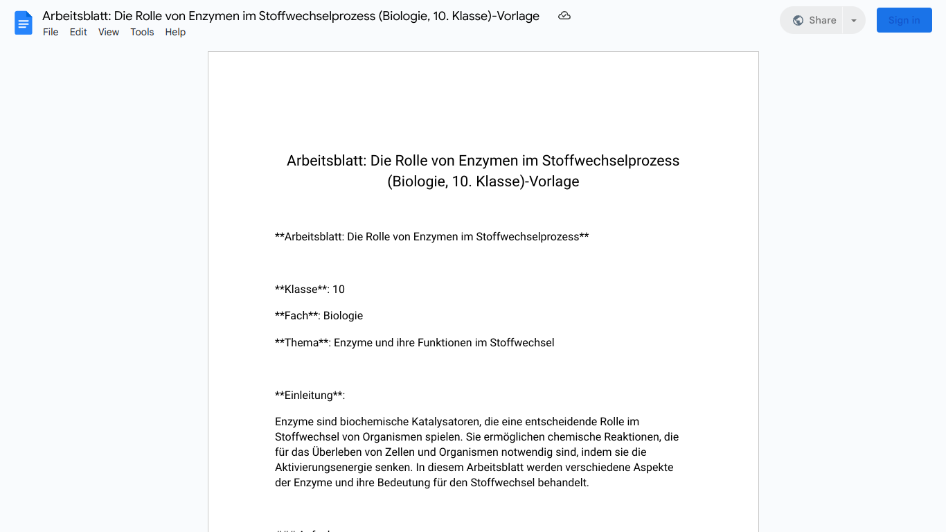 Arbeitsblatt: Die Rolle von Enzymen im Stoffwechselprozess (Biologie, 10. Klasse)-Vorlage