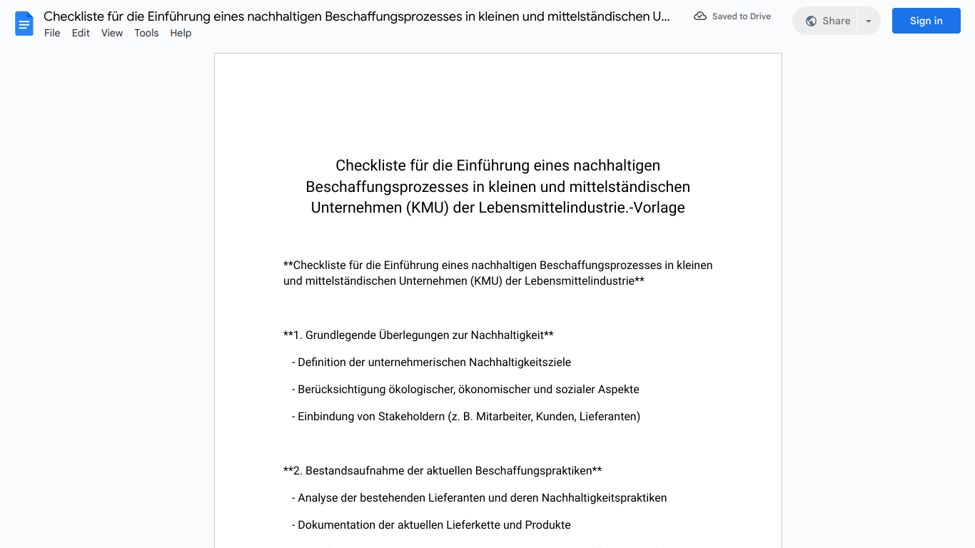 Checkliste für die Einführung eines nachhaltigen Beschaffungsprozesses in kleinen und mittelständischen Unternehmen (KMU) der Lebensmittelindustrie.-Vorlage