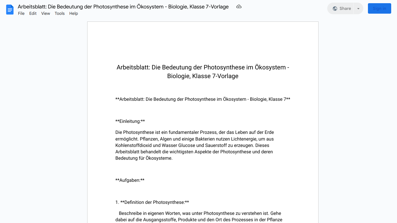 Arbeitsblatt: Die Bedeutung der Photosynthese im Ökosystem - Biologie, Klasse 7-Vorlage