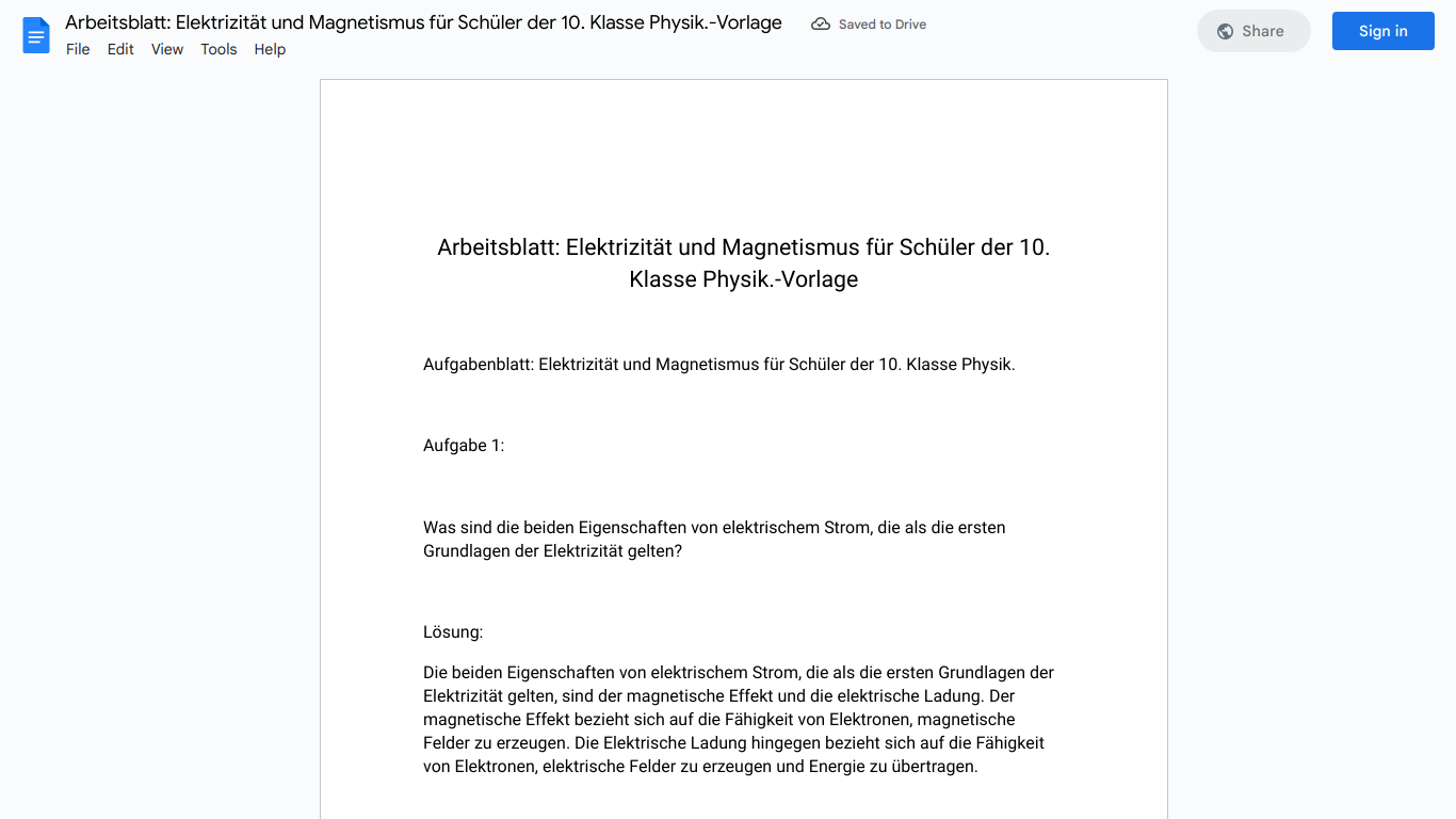 Arbeitsblatt: Elektrizität und Magnetismus für Schüler der 10. Klasse Physik.-Vorlage