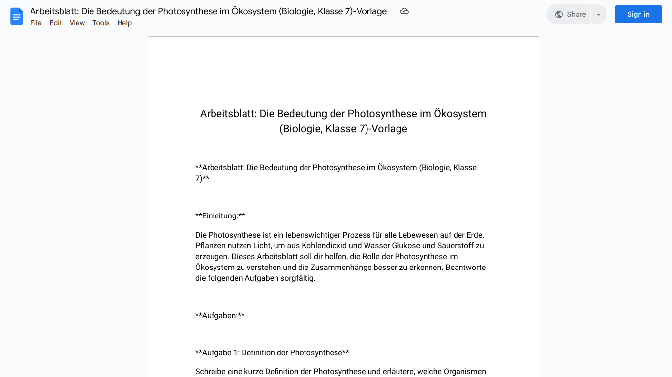 Arbeitsblatt: Die Bedeutung der Photosynthese im Ökosystem (Biologie, Klasse 7)-Vorlage