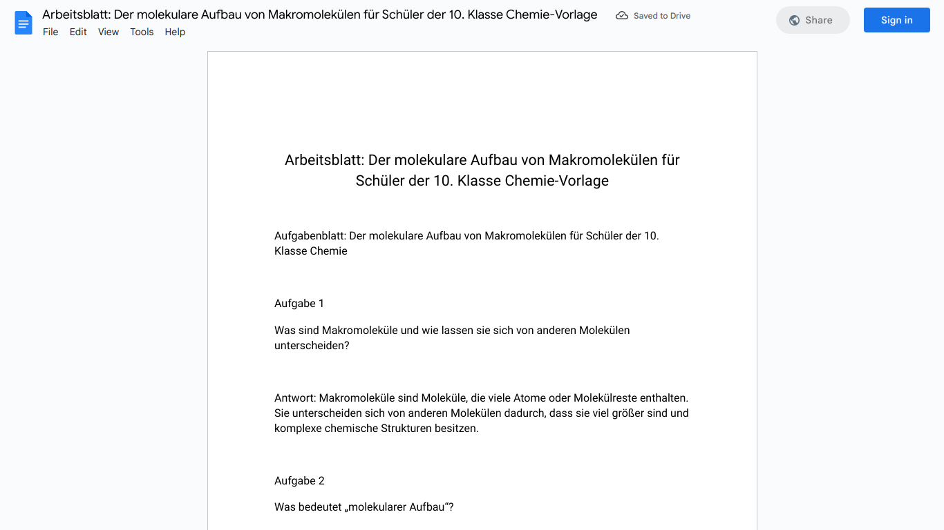 Arbeitsblatt: Der molekulare Aufbau von Makromolekülen für Schüler der 10. Klasse Chemie-Vorlage