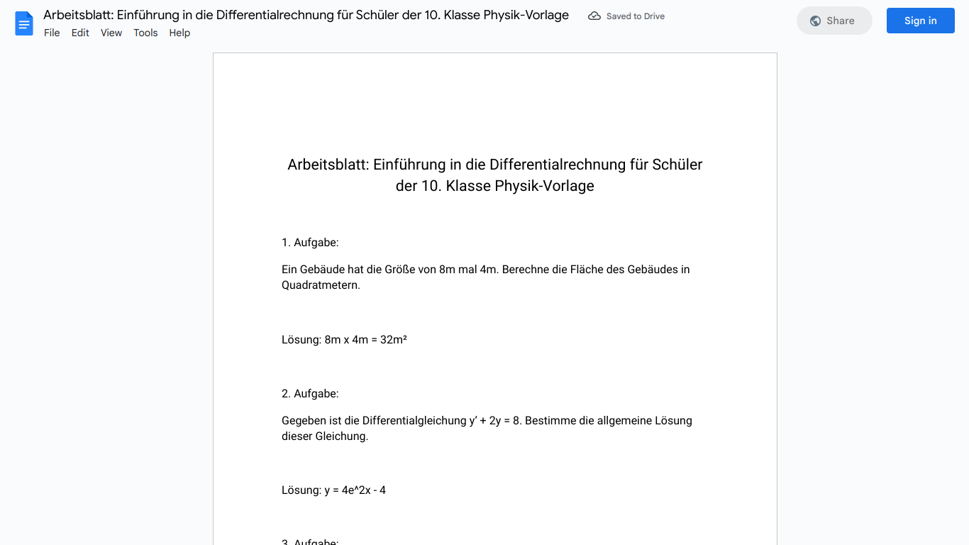 Arbeitsblatt: Einführung in die Differentialrechnung für Schüler der 10. Klasse Physik-Vorlage