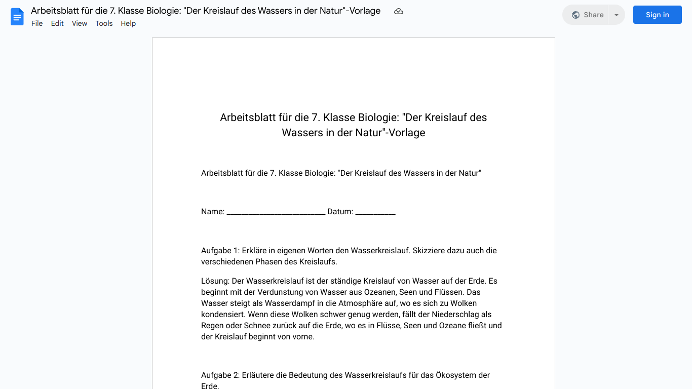 Arbeitsblatt für die 7. Klasse Biologie: "Der Kreislauf des Wassers in der Natur"-Vorlage