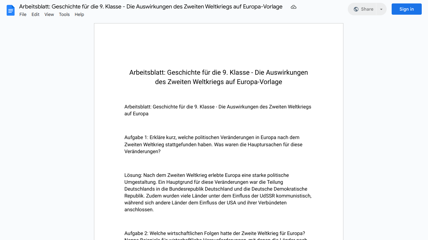 Arbeitsblatt: Geschichte für die 9. Klasse - Die Auswirkungen des Zweiten Weltkriegs auf Europa-Vorlage