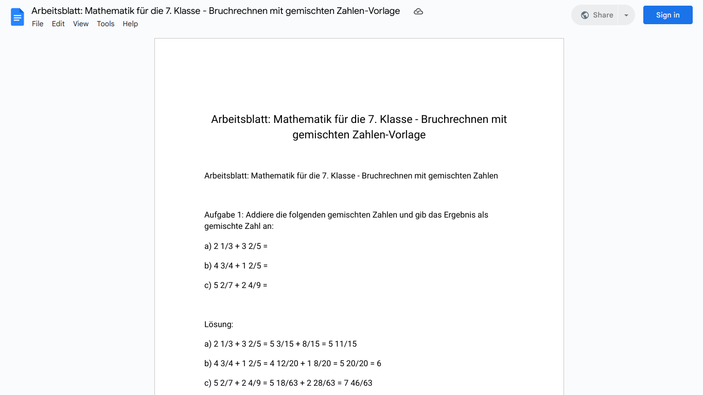 Arbeitsblatt: Mathematik für die 7. Klasse - Bruchrechnen mit gemischten Zahlen-Vorlage