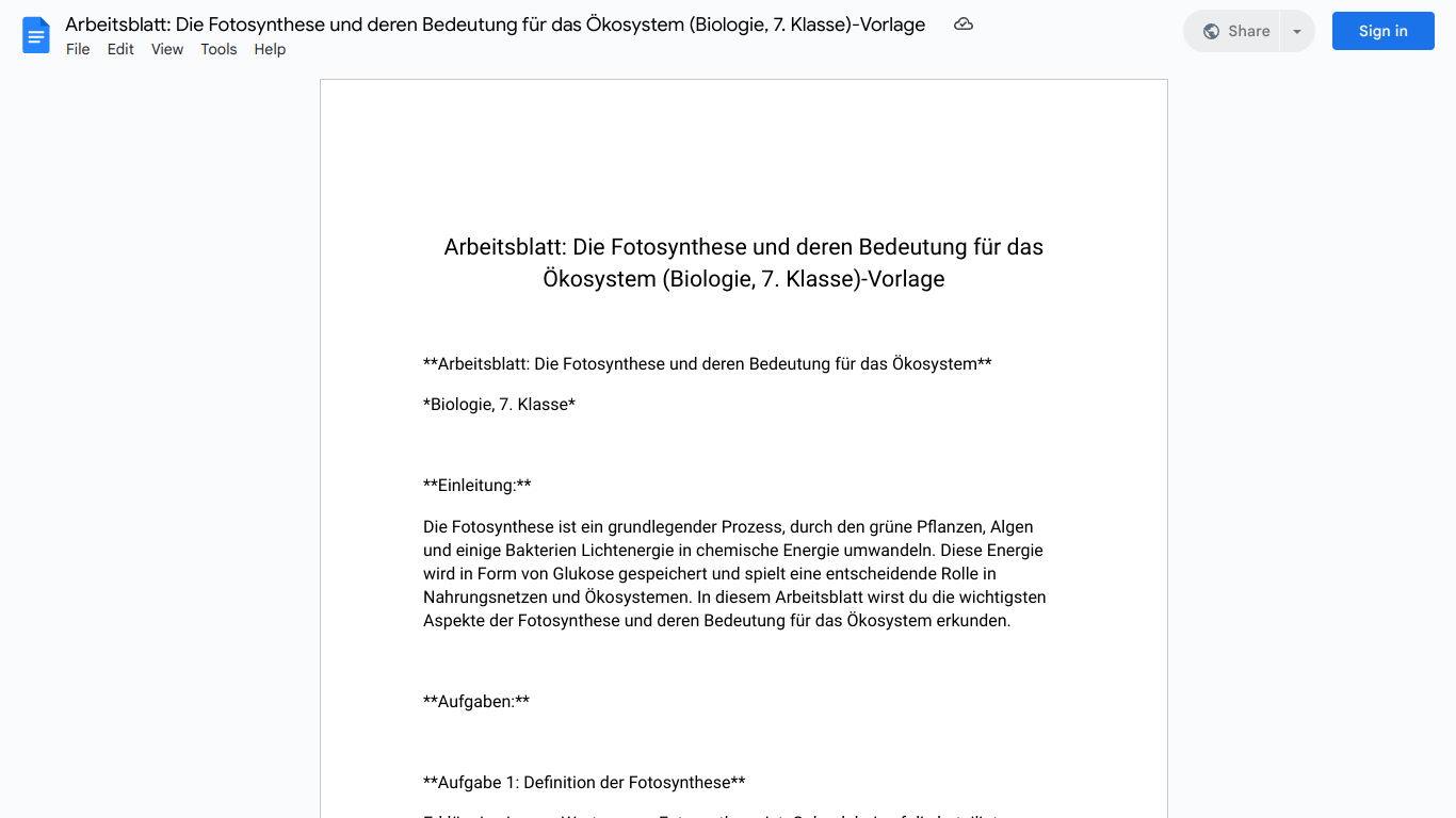 Arbeitsblatt: Die Fotosynthese und deren Bedeutung für das Ökosystem (Biologie, 7. Klasse)-Vorlage