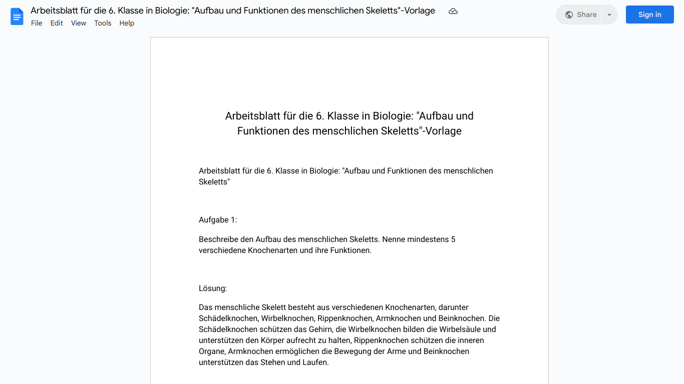 Arbeitsblatt für die 6. Klasse in Biologie: "Aufbau und Funktionen des menschlichen Skeletts"-Vorlage