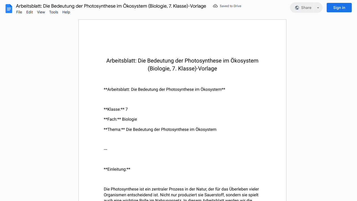 Arbeitsblatt: Die Bedeutung der Photosynthese im Ökosystem (Biologie, 7. Klasse)-Vorlage