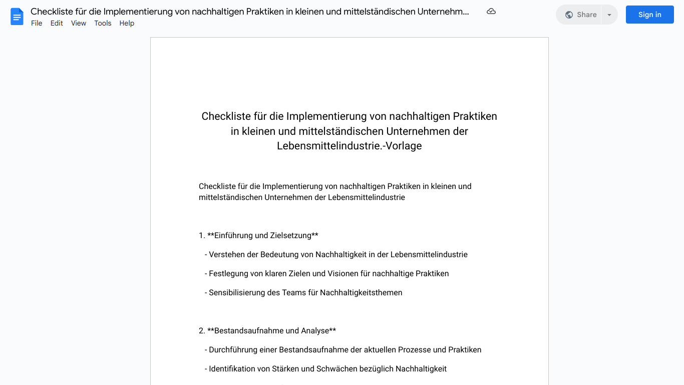 Checkliste für die Implementierung von nachhaltigen Praktiken in kleinen und mittelständischen Unternehmen der Lebensmittelindustrie.-Vorlage