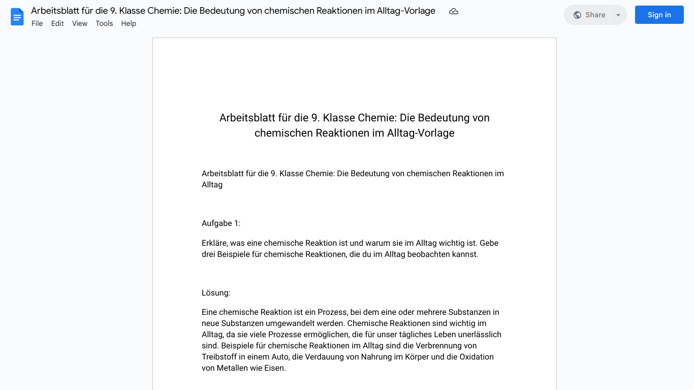 Arbeitsblatt für die 9. Klasse Chemie: Die Bedeutung von chemischen Reaktionen im Alltag-Vorlage