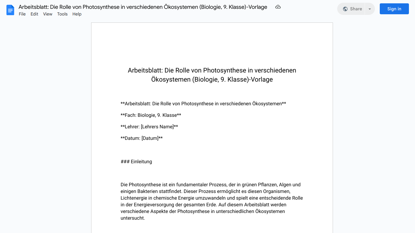 Arbeitsblatt: Die Rolle von Photosynthese in verschiedenen Ökosystemen (Biologie, 9. Klasse)-Vorlage