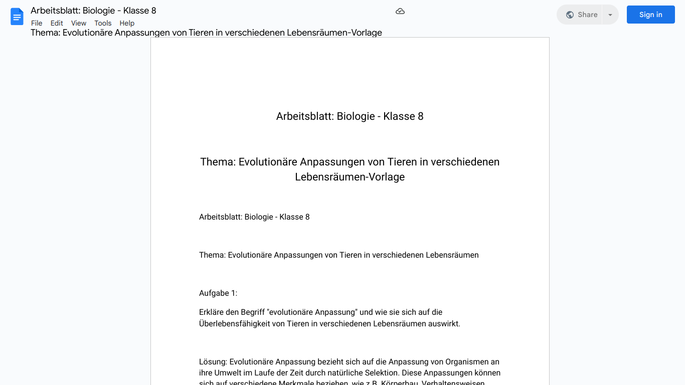 Arbeitsblatt: Biologie - Klasse 8

Thema: Evolutionäre Anpassungen von Tieren in verschiedenen Lebensräumen-Vorlage