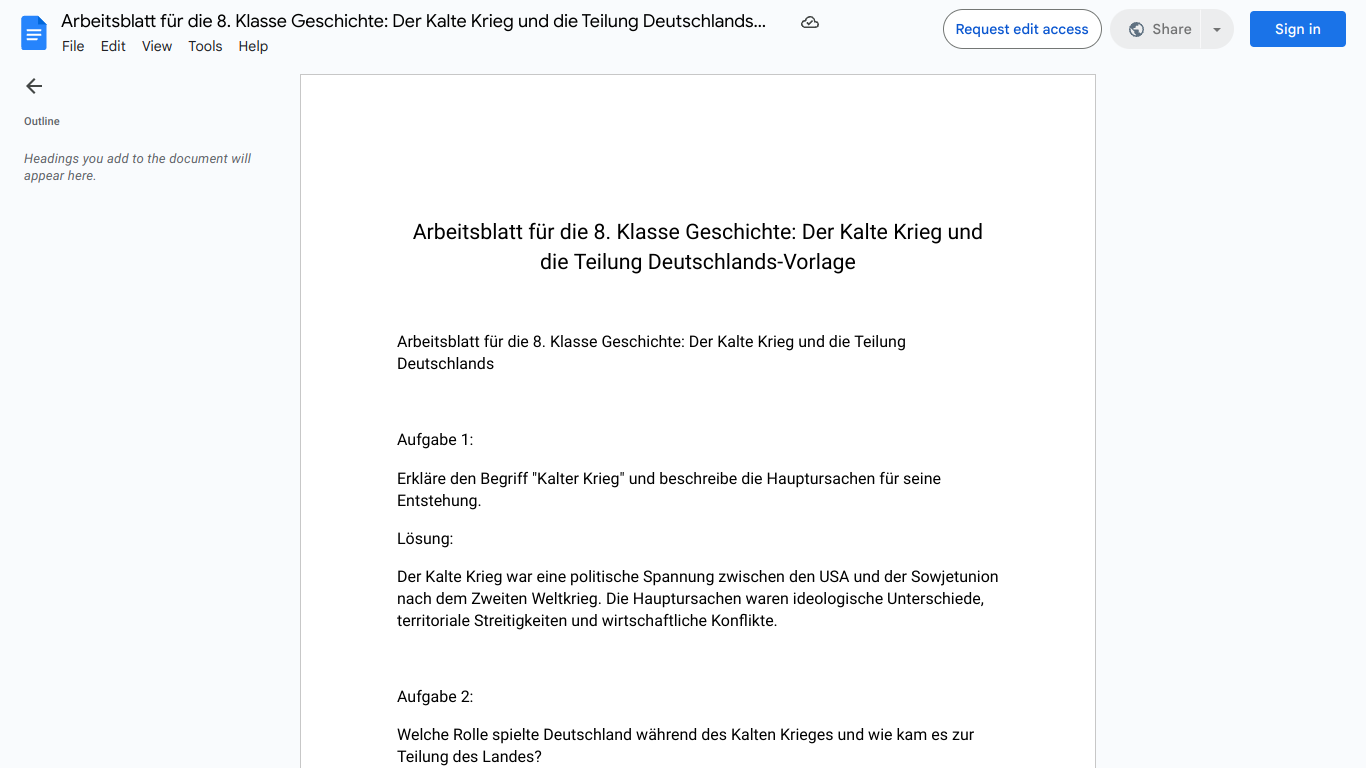 Arbeitsblatt für die 8. Klasse Geschichte: Der Kalte Krieg und die Teilung Deutschlands-Vorlage