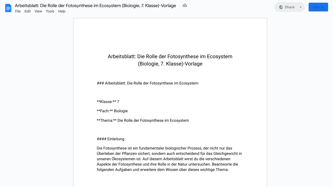 Arbeitsblatt: Die Rolle der Fotosynthese im Ecosystem (Biologie, 7. Klasse)-Vorlage