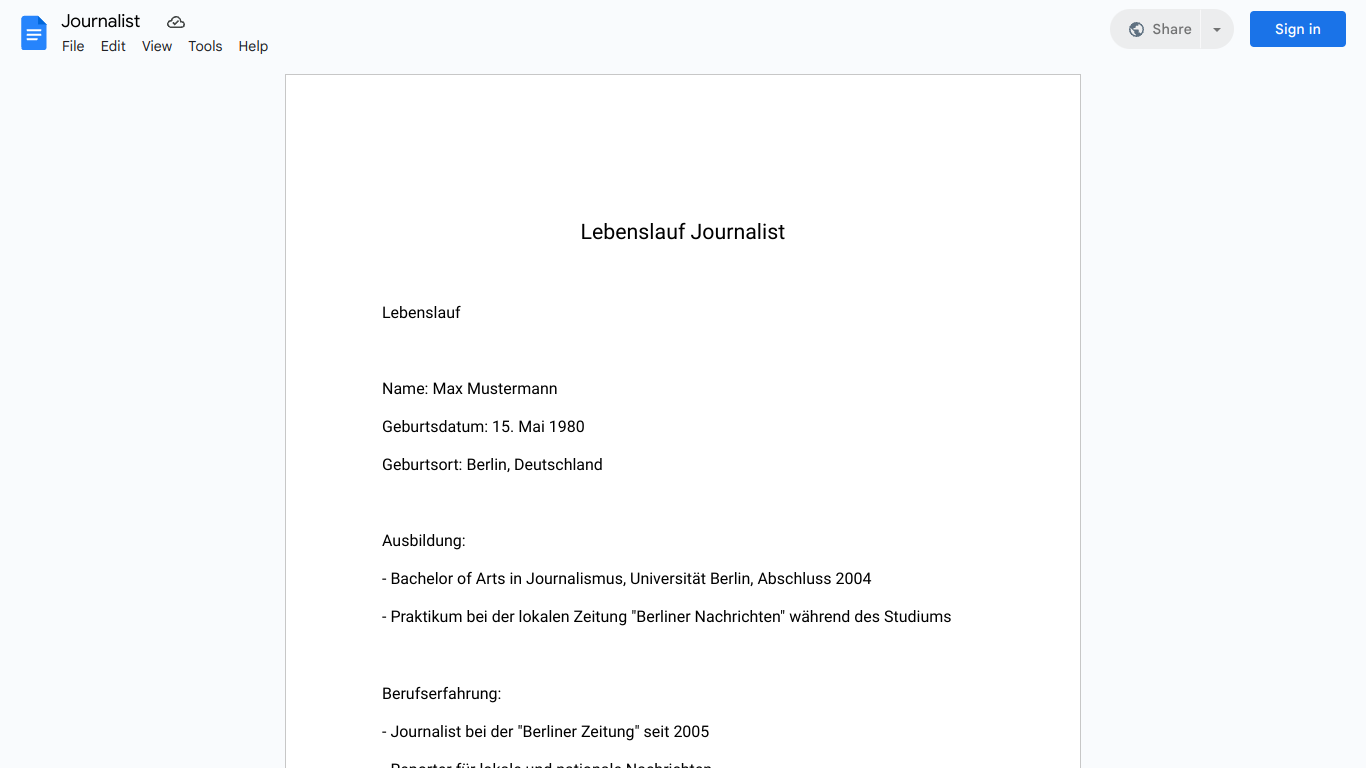 Lebenslauf-Journalist