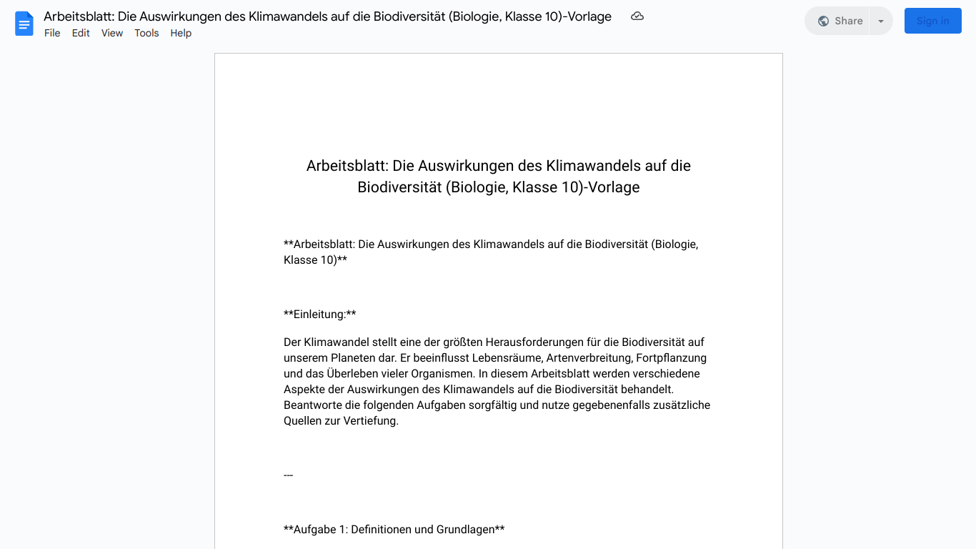 Arbeitsblatt: Die Auswirkungen des Klimawandels auf die Biodiversität (Biologie, Klasse 10)-Vorlage