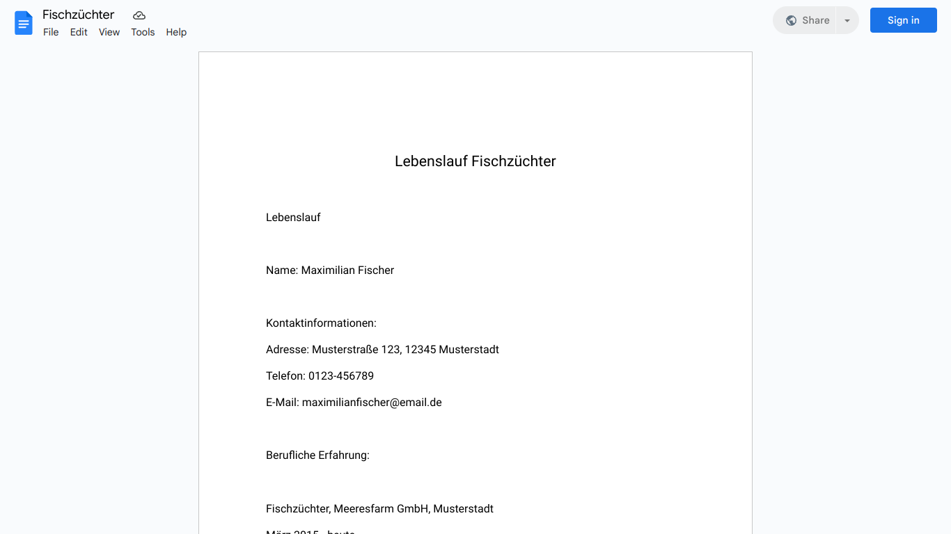 Lebenslauf-Fischzüchter