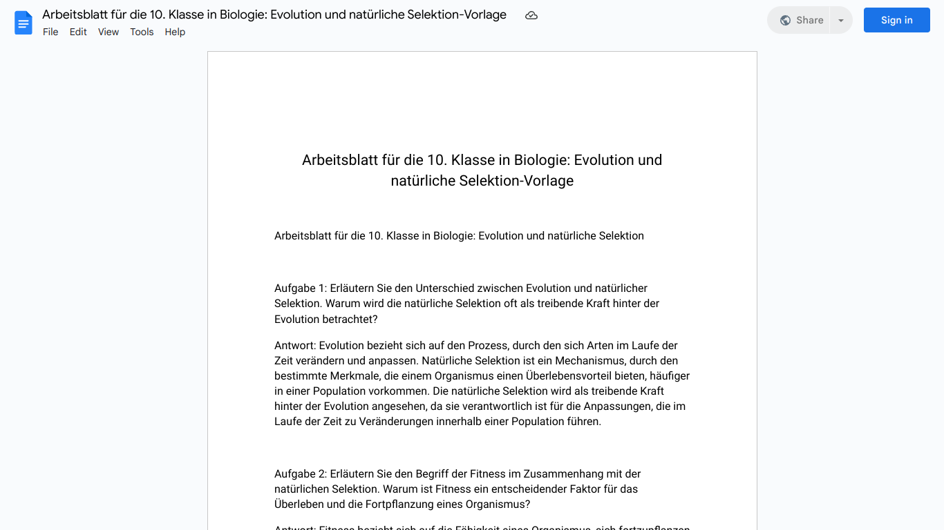 Arbeitsblatt für die 10. Klasse in Biologie: Evolution und natürliche Selektion-Vorlage