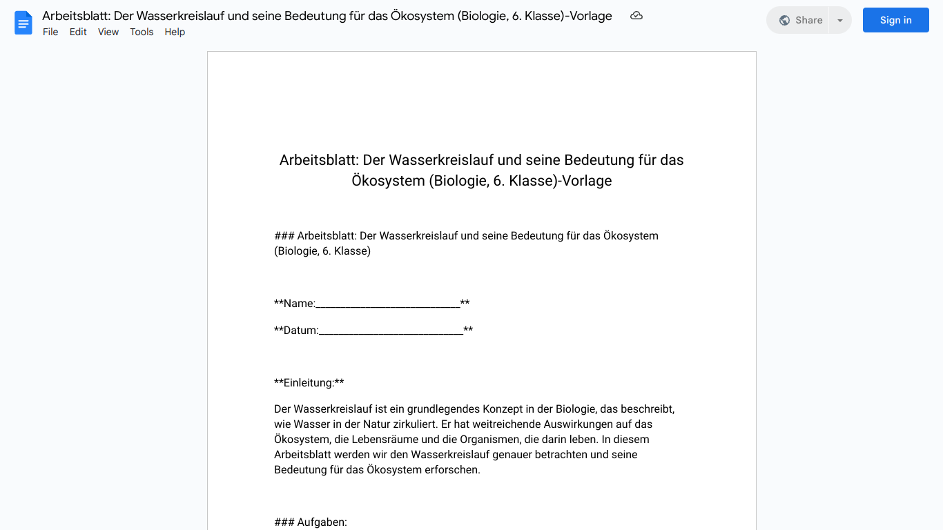 Arbeitsblatt: Der Wasserkreislauf und seine Bedeutung für das Ökosystem (Biologie, 6. Klasse)-Vorlage