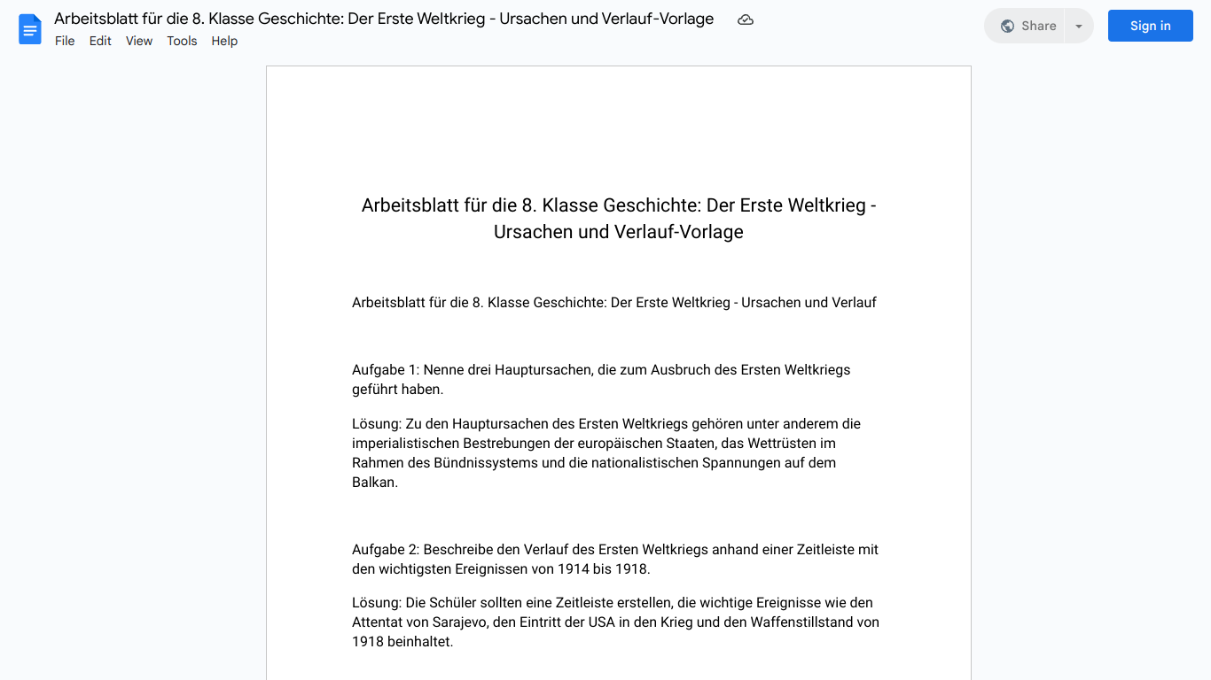 Arbeitsblatt für die 8. Klasse Geschichte: Der Erste Weltkrieg - Ursachen und Verlauf-Vorlage