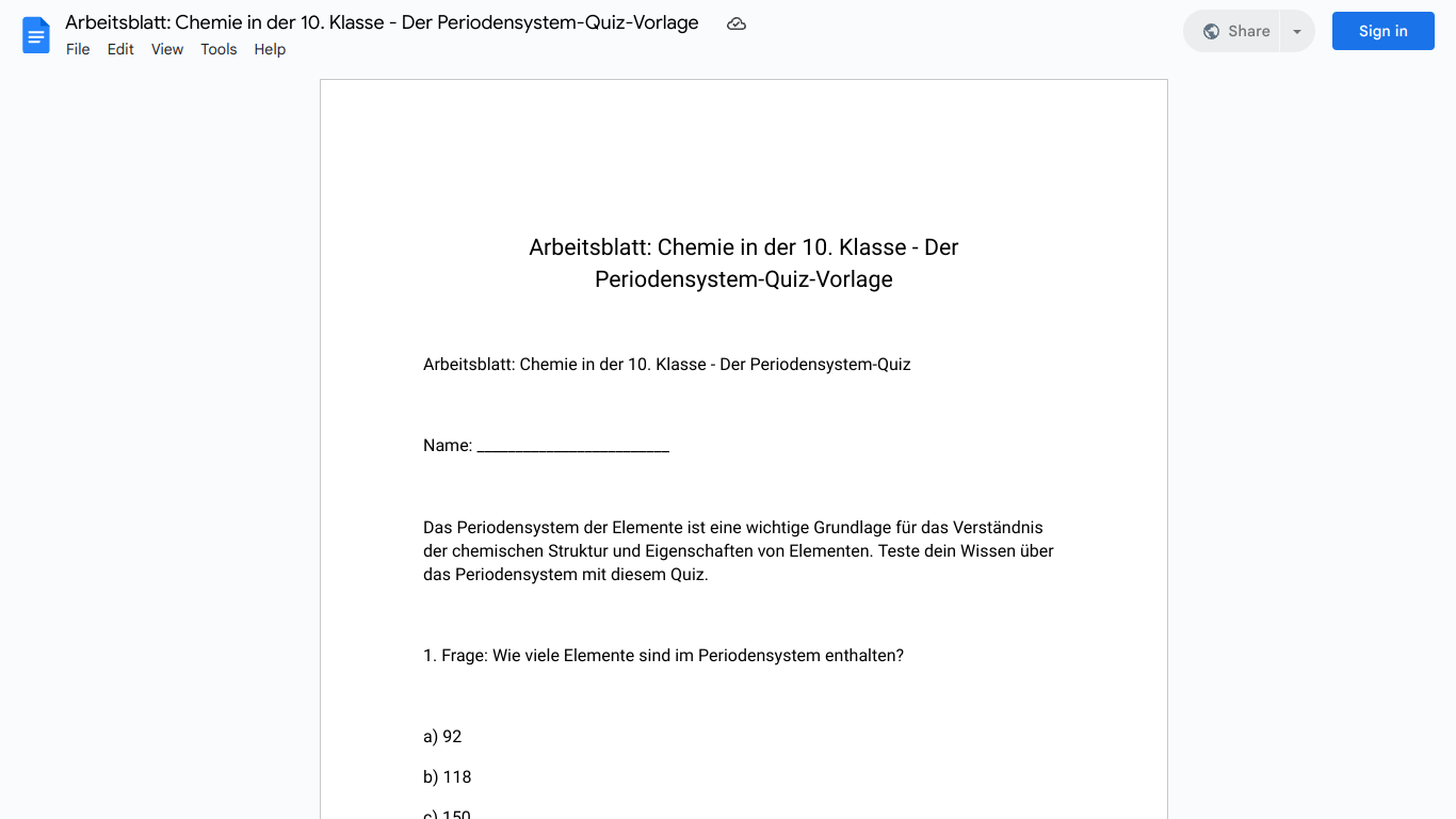 Arbeitsblatt: Chemie in der 10. Klasse - Der Periodensystem-Quiz-Vorlage