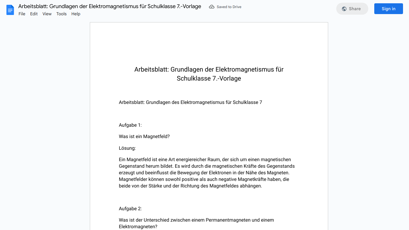 Arbeitsblatt: Grundlagen der Elektromagnetismus für Schulklasse 7.-Vorlage