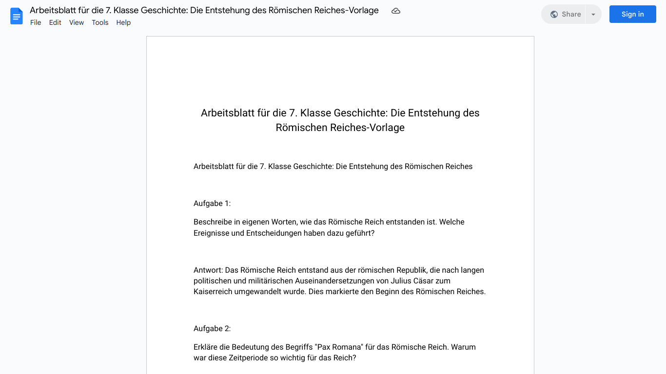 Arbeitsblatt für die 7. Klasse Geschichte: Die Entstehung des Römischen Reiches-Vorlage