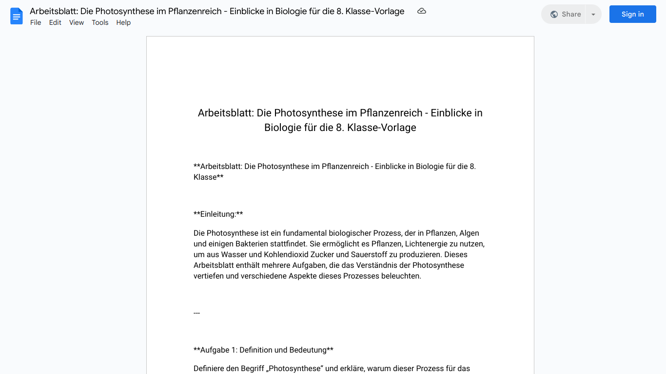 Arbeitsblatt: Die Photosynthese im Pflanzenreich - Einblicke in Biologie für die 8. Klasse-Vorlage