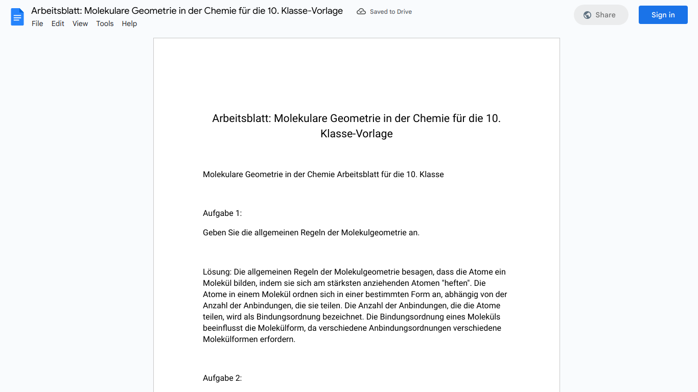 Arbeitsblatt: Molekulare Geometrie in der Chemie für die 10. Klasse-Vorlage