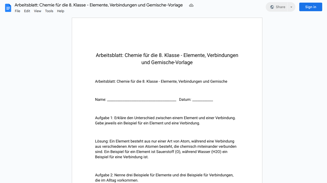 Arbeitsblatt: Chemie für die 8. Klasse - Elemente, Verbindungen und Gemische-Vorlage