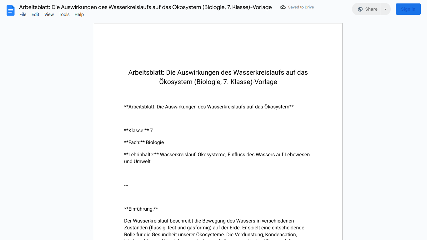 Arbeitsblatt: Die Auswirkungen des Wasserkreislaufs auf das Ökosystem (Biologie, 7. Klasse)-Vorlage