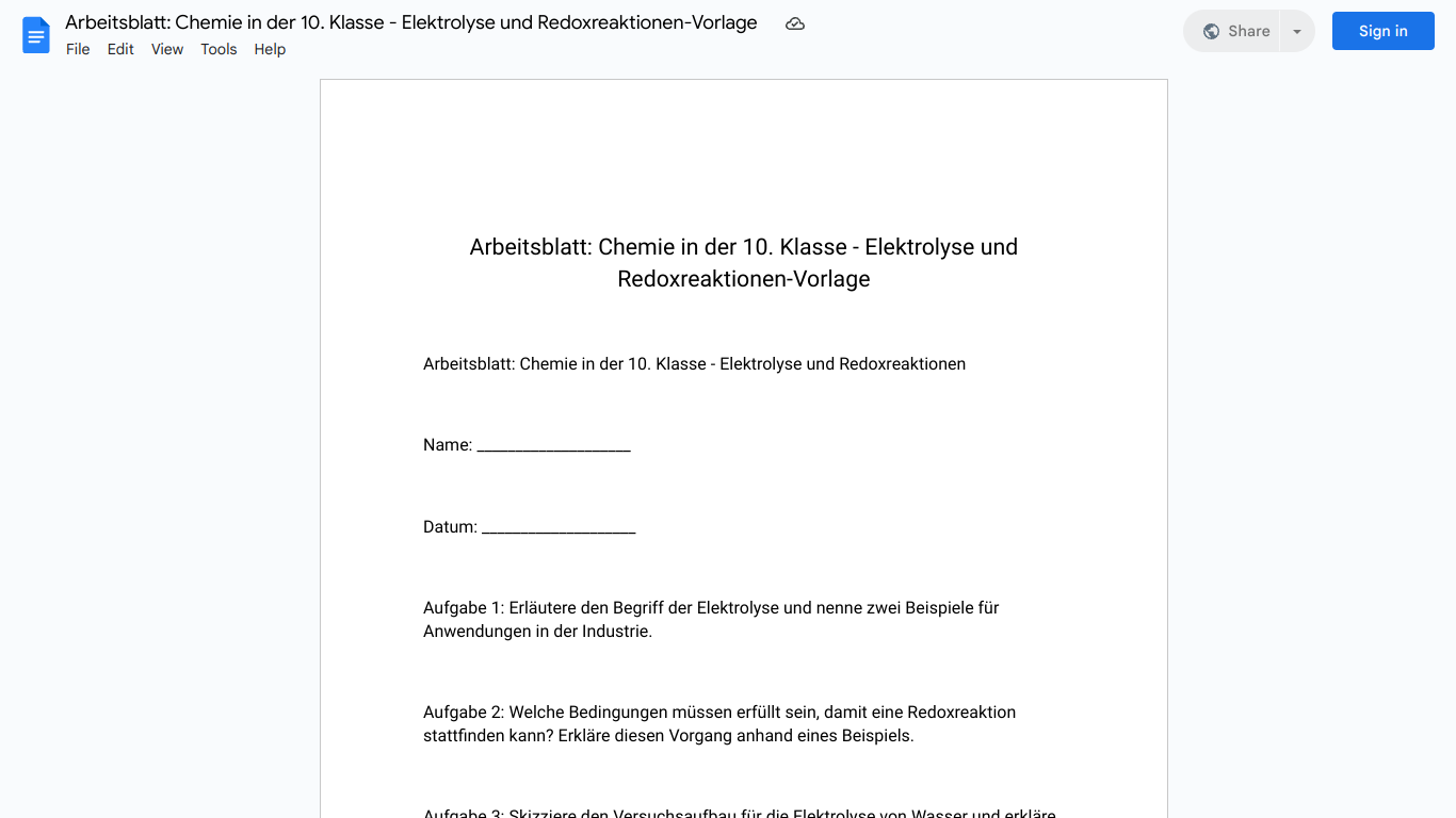 Arbeitsblatt: Chemie in der 10. Klasse - Elektrolyse und Redoxreaktionen-Vorlage