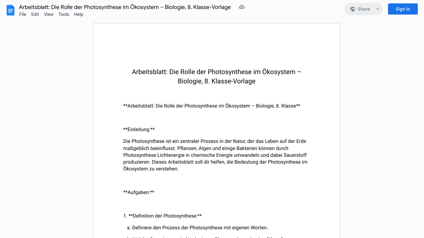 Arbeitsblatt: Die Rolle der Photosynthese im Ökosystem – Biologie, 8. Klasse-Vorlage