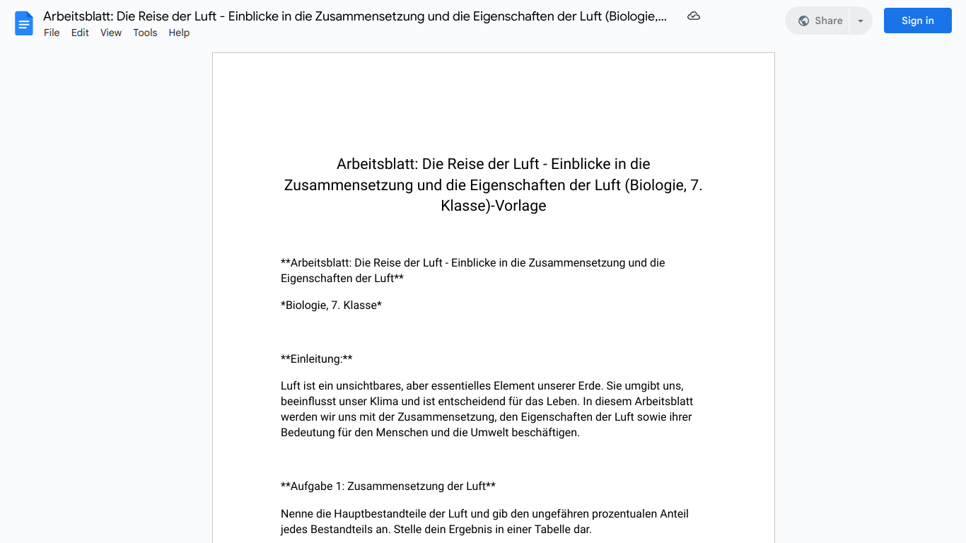 Arbeitsblatt: Die Reise der Luft - Einblicke in die Zusammensetzung und die Eigenschaften der Luft (Biologie, 7. Klasse)-Vorlage