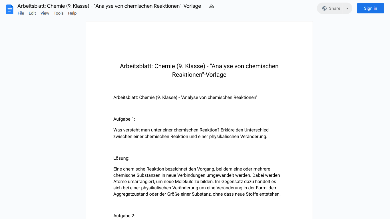 Arbeitsblatt: Chemie (9. Klasse) - "Analyse von chemischen Reaktionen"-Vorlage